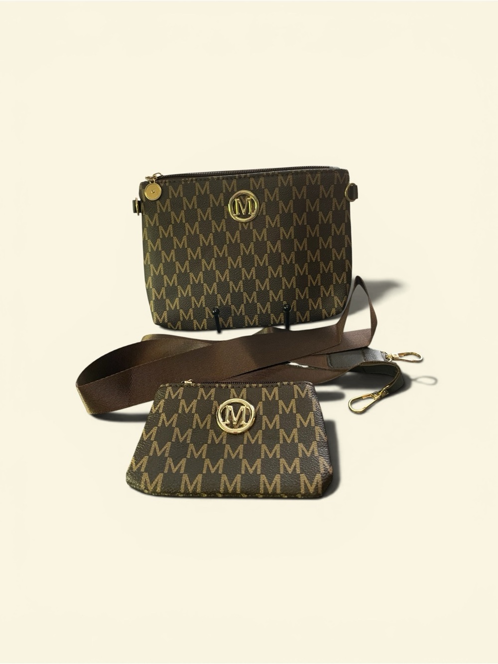 Monogram Crossbody Bag with Coin Pouch - Brown/Gold Letter M
